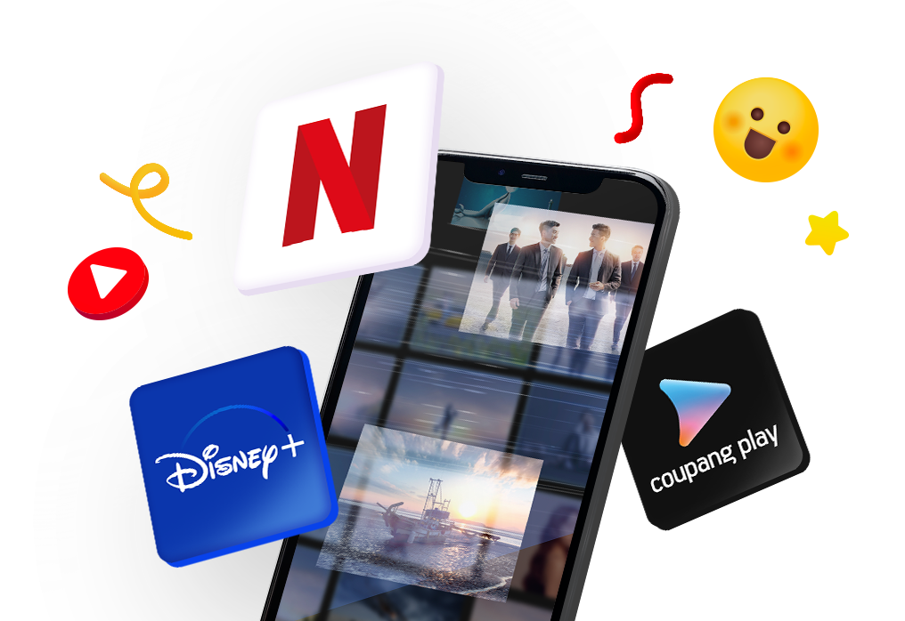 넷플릭스, 디즈니플러스, 쿠팡플레이 등 다양한 OTT 서비스를 스마트폰에서 즐기는 모습